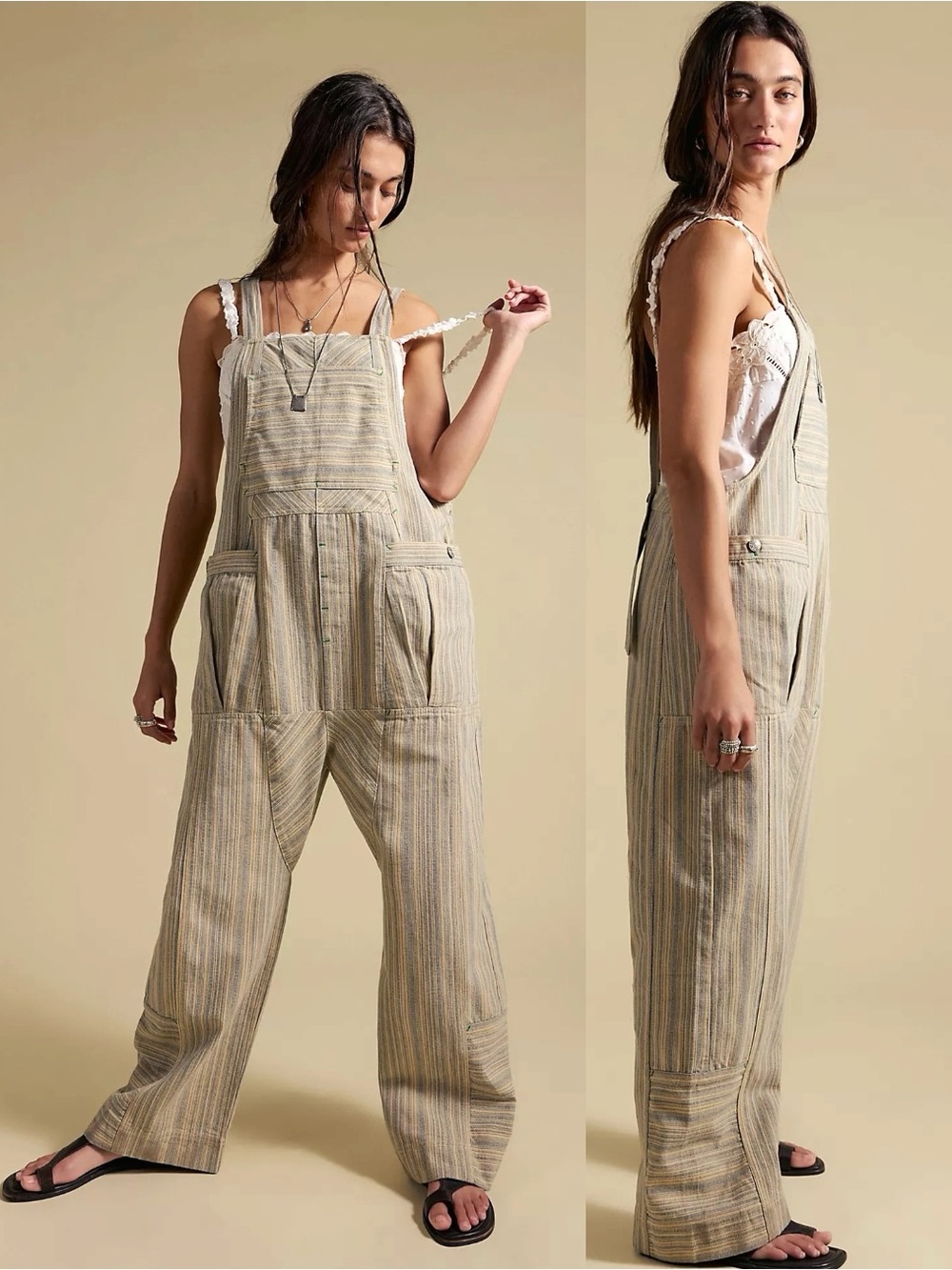 Free People Bohemian Iconic Harem Yarn Dye Overalls in Tea Combo Size XL NWT